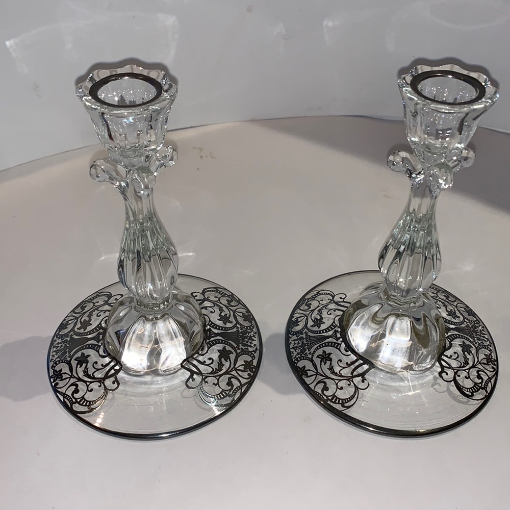 Vintage Sterling  Overlay Glass Candle Holders Set Of 2